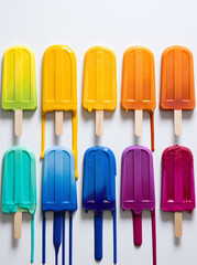 Ice cream in red, pink, orange, yellow, blue and green color with wand on a white background.