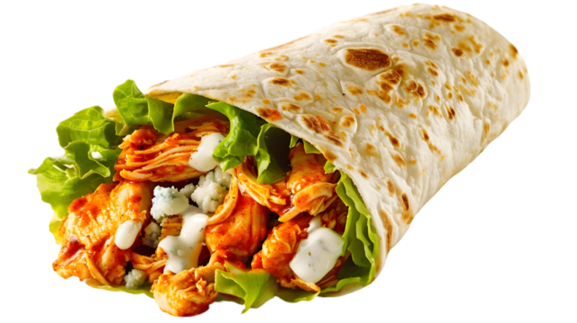  A Buffalo chicken wrap bursting with spicy buffalo chicken, lettuce, and blue cheese crumbles, with a drizzle of ranch dressing, transparent background - Powered by Adobe