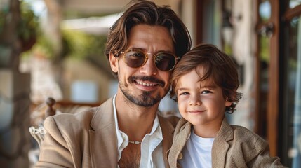 portrait of dad with son on street