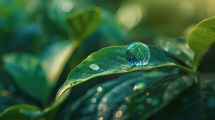 The image of a fresh water drop resting on a lush green leaf reflecting Earth s beauty embodies the essence of Earth Day and Water Day celebrations as well as the significance of Environment