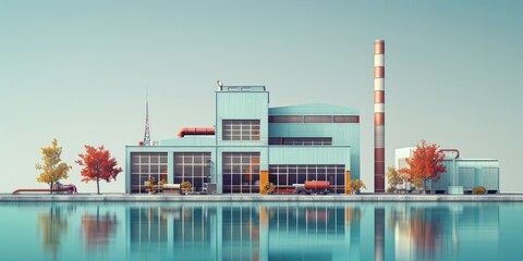 Obraz premium The photo depicts a factory building with a large smokestack emitting smoke into the air.