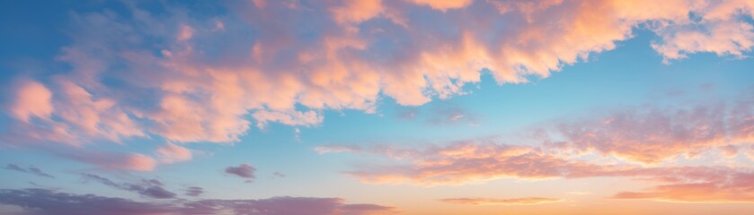 Fototapeta premium A dramatic cloudscape at sunrise with pink and golden glowing clouds against a clear blue sky