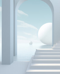 White window with sky. Stairs and white ball.