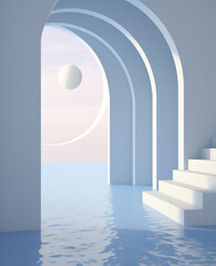 White window with sky. Stairs and ball.
