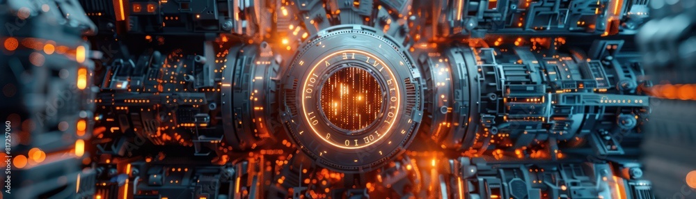 Poster 3d rendering futuristic sci-fi background. abstract alien spaceship interior with glowing engine cor
