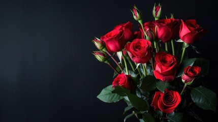 Fototapeta premium A stunning bouquet of vibrant red roses stands out against a sleek black backdrop