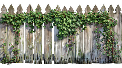Fototapeta premium Old wooden fence with ivy and hanging plants on it isolated on transparent or white background