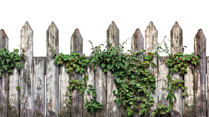 Old wooden fence with ivy and hanging plants on it isolated on transparent or white background