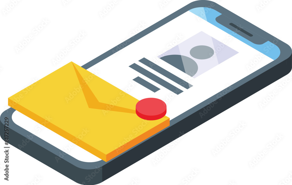 Poster isometric vector illustration of a smartphone displaying a new message envelope icon and notificatio