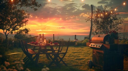 A photorealistic image of a backyard barbecue party during sunset, with warm orange and pink hues in the sky.