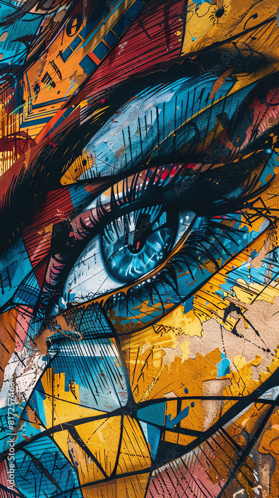 Aufkleber capture the vibrancy of street art through a low-angle view showcasing bold colors and intricate det