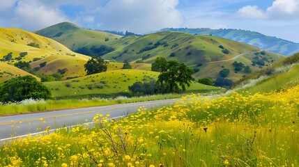 Obraz premium A scenic drive through rolling hills dotted with wildflowers