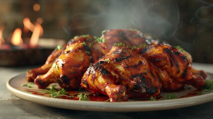 A photorealistic image of a delicious plate of barbecue chicken with crispy skin and smoky flavor.