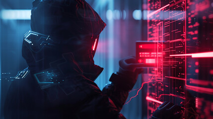 cyber attack concept, futuristic hacker in black and red, with glowing neon lights, abstract digital wall covered in code and data streams