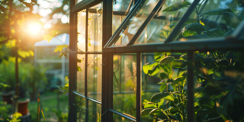 Details of glass and steel greenhouse in a backyard with plants visible through glass. Farming...