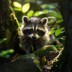 Naklejka premium Young raccoon in forest, curious and cute, furry wildlife portrait. Climbing tree, wild mammal with masked face, outdoor nature scene. Fauna of Canada, no people, close up graphy.