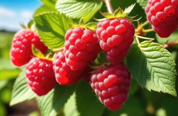 Close-up. Growing raspberries in the garden. 