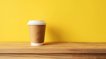 Craft mockup paper coffee cup on wooden table, yellow wall background with copy space