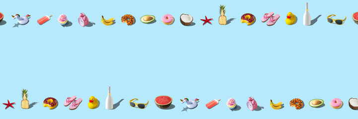 Creative summer pattern made with various summer food and summer accessories on bright blue background. Minimal summer concept.