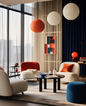 Modern living room with sofa in red color and wall with sunlight. Blue, white and red lamps.
