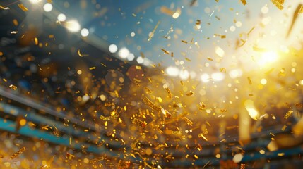 Golden confetti flutters over a sunlit soccer stadium, creating a celebratory atmosphere
