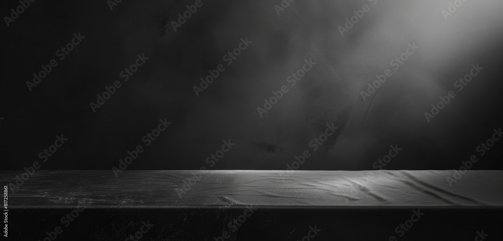 Poster a dark grey table with soft light shining from the right side, set against an allblack background ge