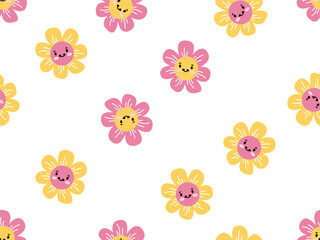 Groovy daisy flowers face seamless pattern. Retro chamomile smiles