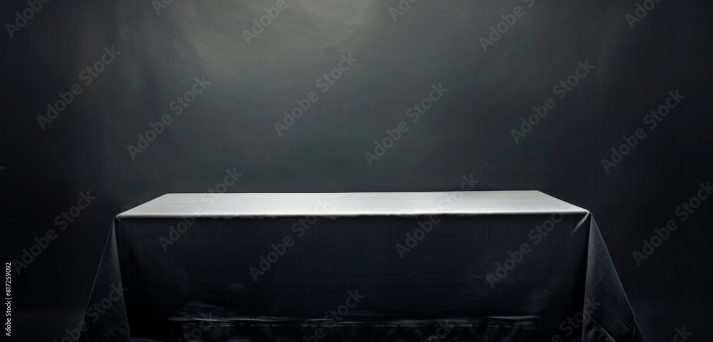 Poster black background with soft light on the right side illuminating grey table cloth generative ai