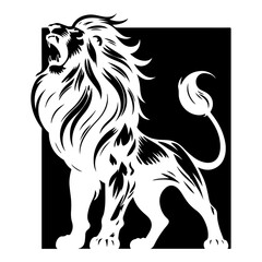 Fototapeta premium Lion roaring and showing his powerful mane and muscular body. Black and white vector illustration, against white background 