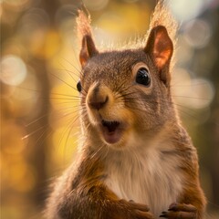 Squirrel in forest, cute fluffy rodent with bushy tail. Wildlife in natural setting, small mammal eating nut. Closeup portrait of squirrel, curious and watchful in green woodland..