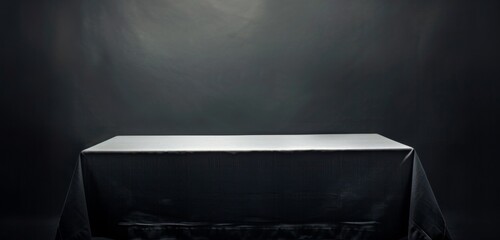 Black background with soft light on the right side illuminating grey table cloth Generative AI