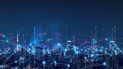 smart city connected with lines and dots, big data connection technology metaverse concept. City background