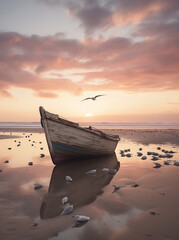 Boat on the beach in sunset with seagull. Summer concept.