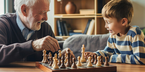 Little smart boy playing chess while spending leisure time at home. Child moving a chess piece on chessboard. Educational board games for little learners.