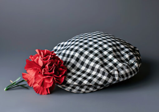 Gorra t&iacute;pica madrile&ntilde;a de chulapo de cuadros negros y blancos con un clavel rojo, sobre fondo gris, concepto fiestas de san Isidro Madrid