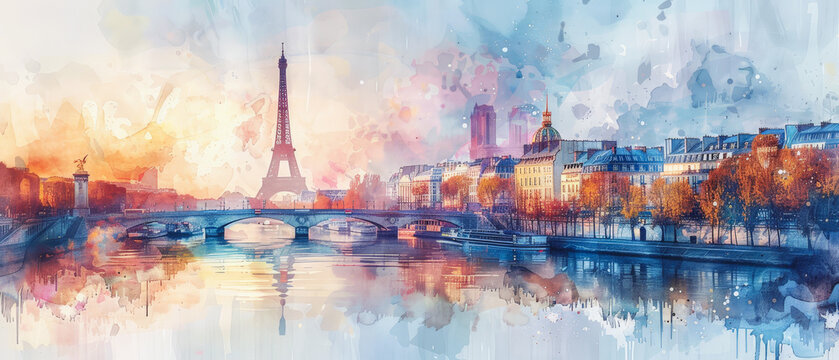 Hermosa acuarela art&iacute;stica panor&aacute;mica de tonos vibrantes, de la ciudad de Par&iacute;s, el r&iacute;o Sena y la Torre Eiffel al fondo