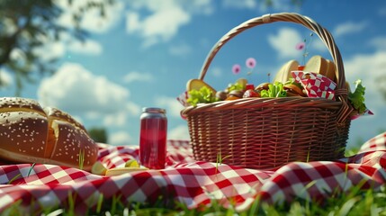 A picnic basket overflowing with sandwiches and a thermos of juice sits on a red and white checkered blanket at a kid's soccer game.