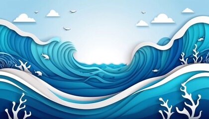 World Ocean day header template, blue waves paper cut style. Vector illustration. Papercut art banner underwater sealife,Save water ecology poster created with generative ai.