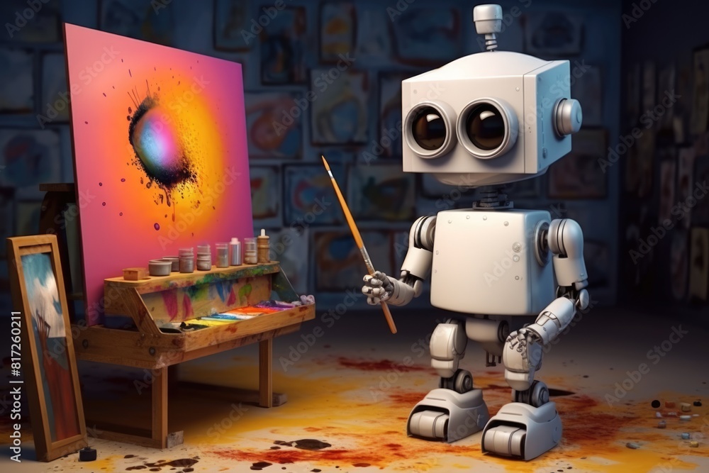 Poster concept of generative ai art technology, robot painting picture in studio. comeliness