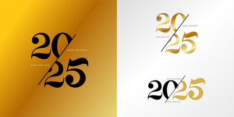 Happy New 2025 Year golden typography logo design. Set of vector minimalist illustration of dynamic geometry shapes style numbers 2025. Luxury gold design Christmas element.