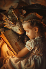 Obraz premium Little child reading fairytale book about magical adventures. Kid hugging golden dragon while reading fantasy story, surrounded with mystical warm glow. Encouraging kids to read books.