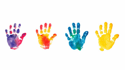 Color child handprint. Creative paint hands prints. Happy childhood design. Artistic kids stamp, bright human fingers and palm on white background.