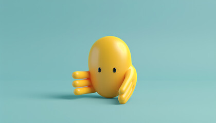 A minimalist 3D  of a single yellow call me hand emoji with hands, on a solid light blue background.