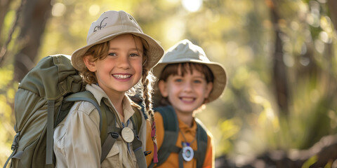 Fototapeta premium Girl and boy scouts sitting on the ground in summer camp. Young girlscout and boyscout in adventure gear including shorts, hiking boots and hat. Active leisure for kids in summer.