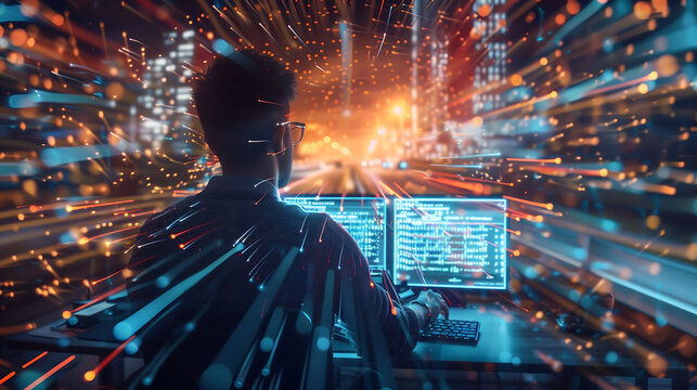 cyber security professional in the midst of data analytics, surrounded by digital streams and code symbols