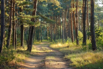 Obraz premium Sunlit Forest: Tranquil Pathway Leading Through Woodland Landscape