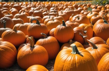 Field with many pumpkins of different sizes