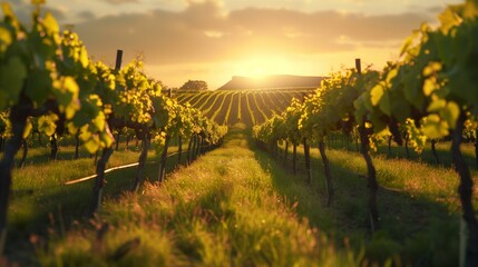 A picturesque vineyard at sunset, with rows of grapevines bathed in golden evening light.