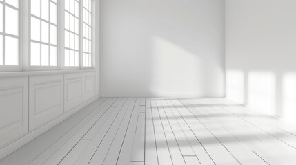 White Room Background. Contemporary Empty White Interior with Wooden Floor and Walls