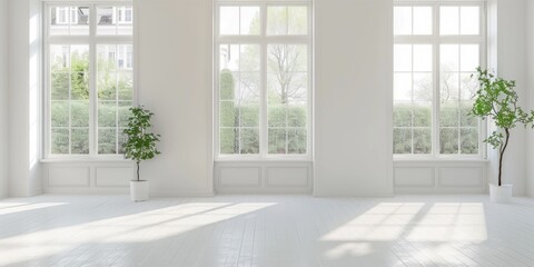 Windows Background. Modern White Empty Room with Large Windows for Scandinavian Interior Design